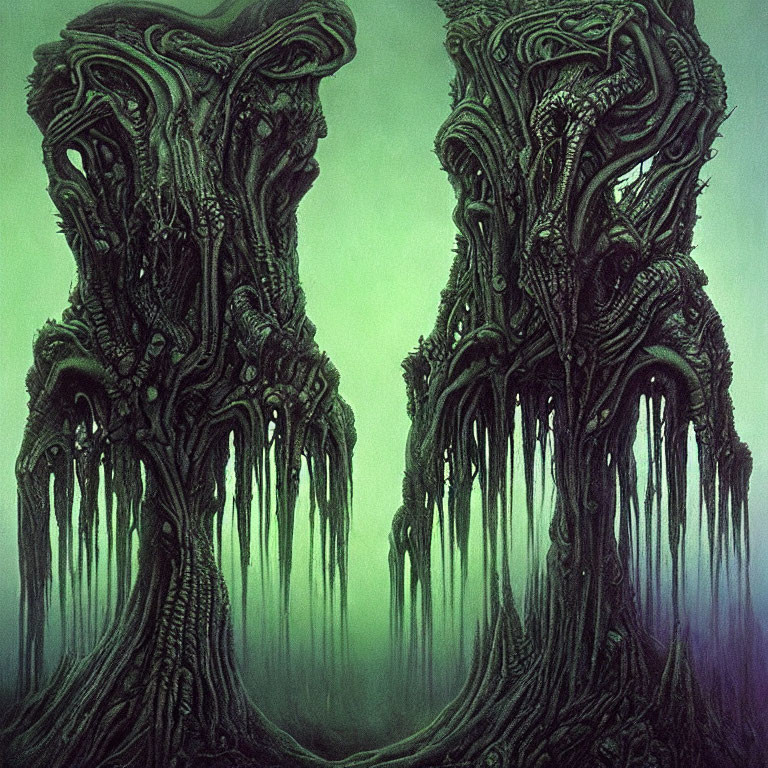 Alien biomechanical structures on green background