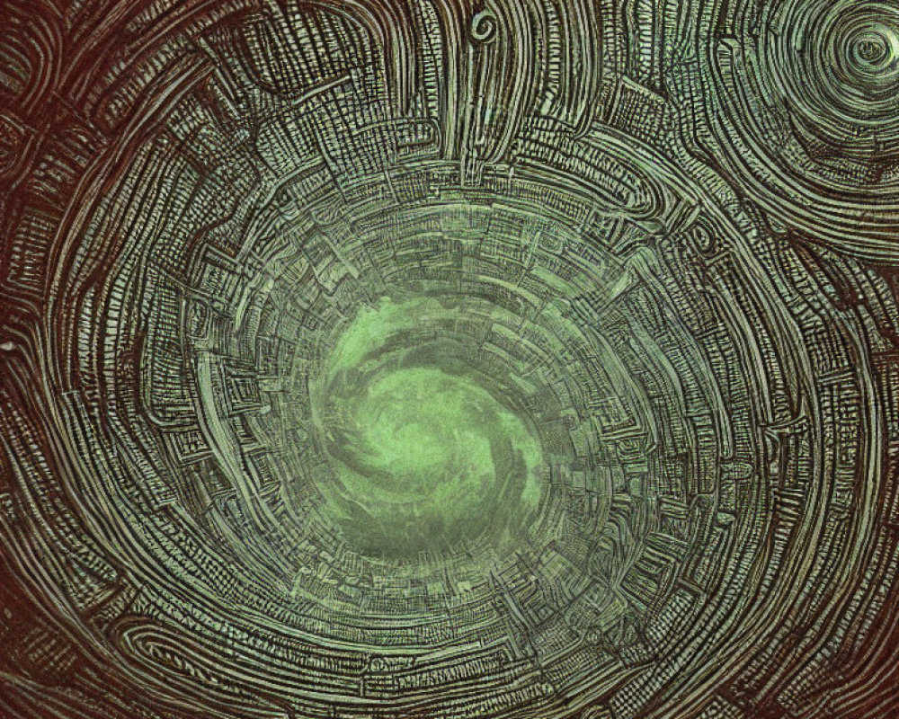 Intricate Swirling Pattern with Central Green Glow in Brown and Green Hues