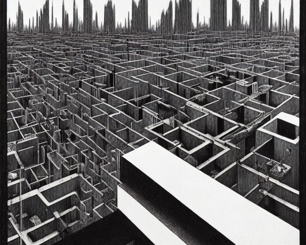 Detailed black and white cityscape drawing with intricate maze-like structures