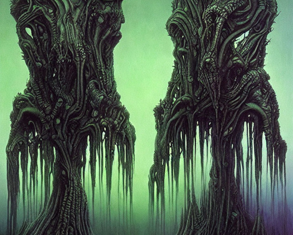 Alien biomechanical structures on green background