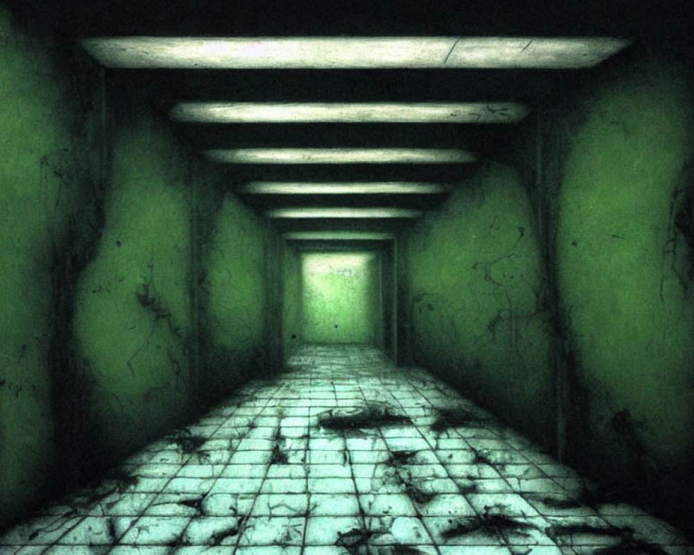 Dimly Lit Eerie Corridor with Green Walls and Scattered Debris