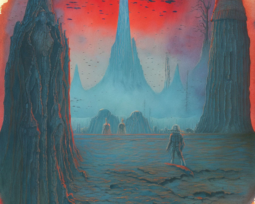 Surreal landscape with towering spires and lone figure in reddish sky