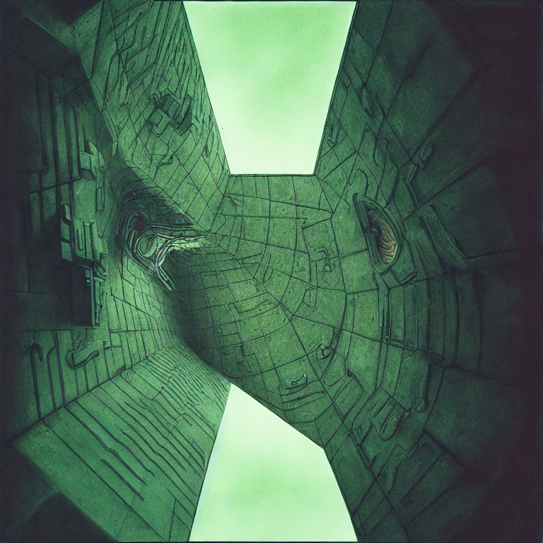 Abstract Greenish-Hued Image of Symmetrical Tunnel Structure