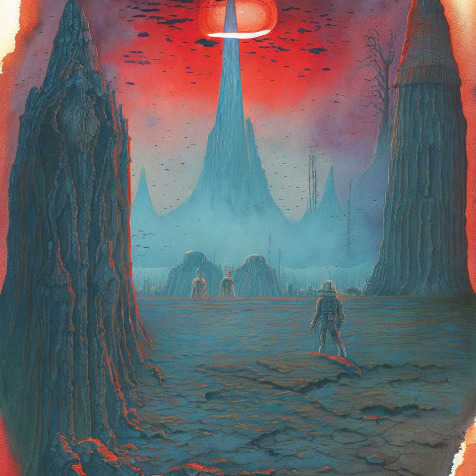 Surreal landscape with towering spires and lone figure in reddish sky