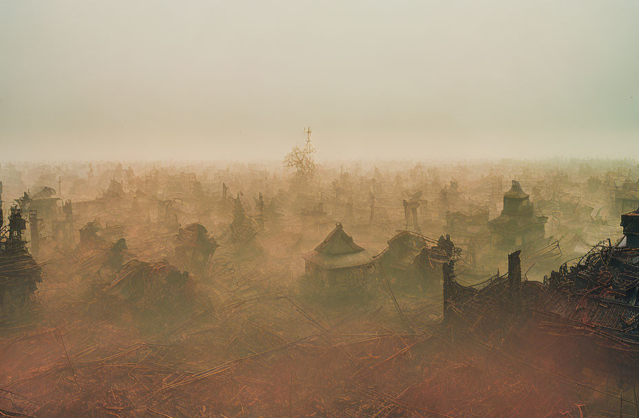 Dilapidated structures in sepia-toned mist landscape