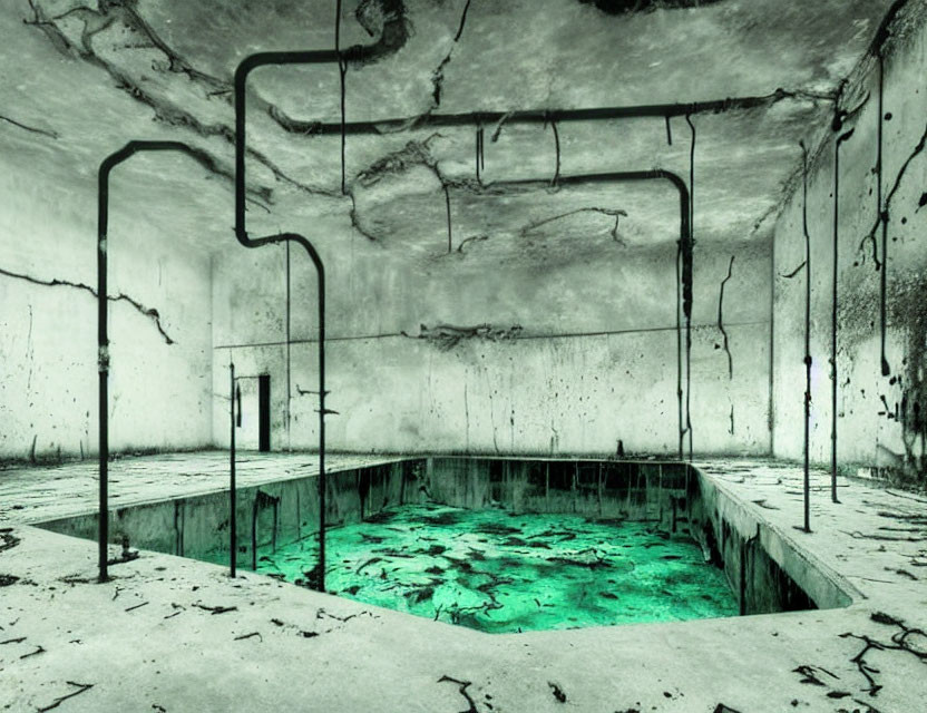 Decrepit indoor pool with cracked walls and green water