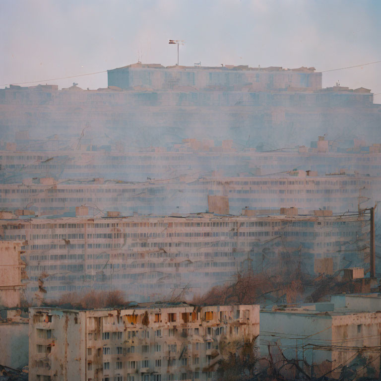 Layered view of misty residential buildings.