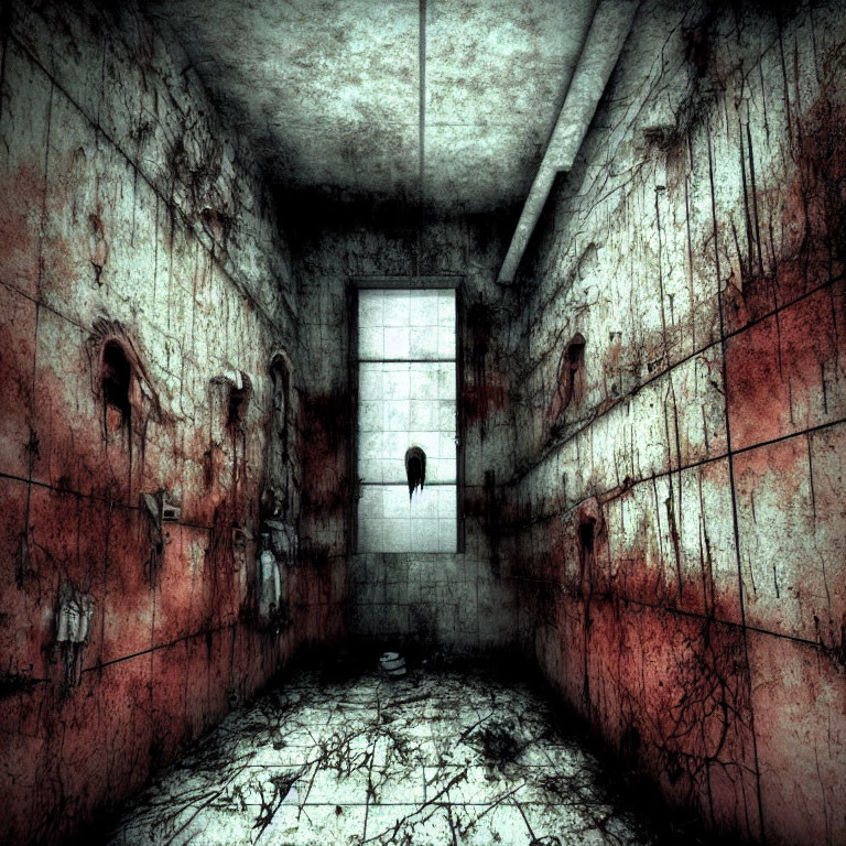 Eerie room with blood-stained walls and dark figure in glowing window