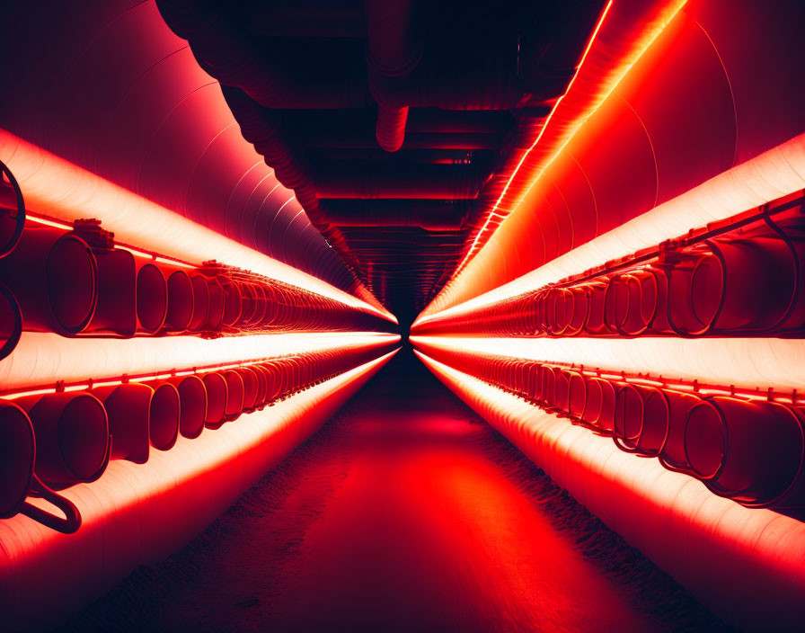 Symmetrical tunnel with vibrant red lights and vanishing point