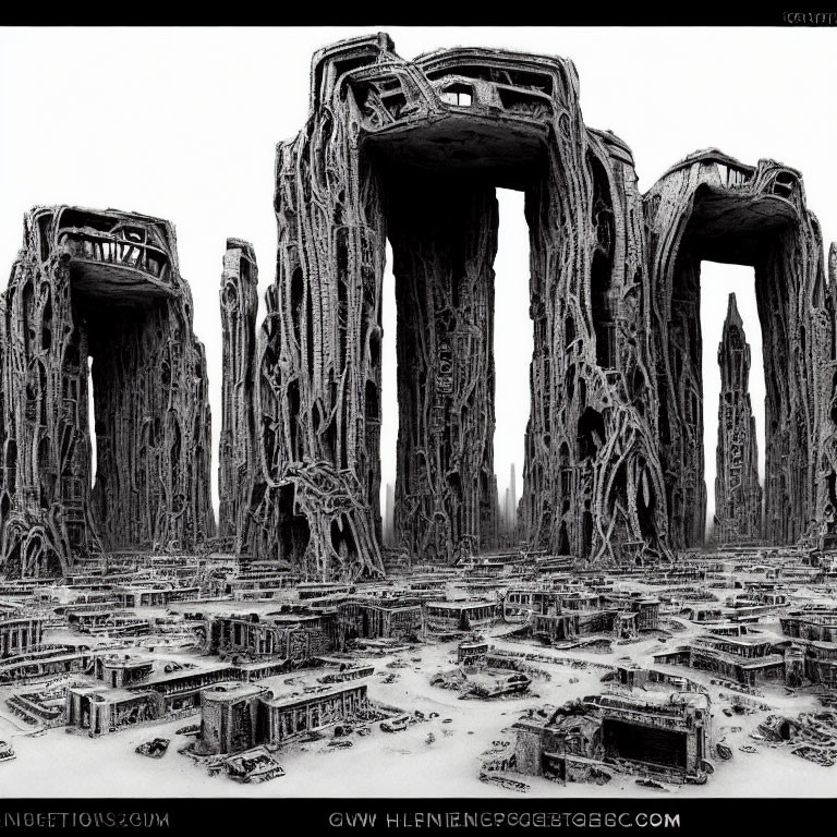 Surreal black and white artwork of intricate monolithic structures.