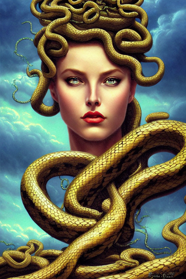 Digital Artwork: Woman with Snake-Like Hair and Features Against Clear Sky