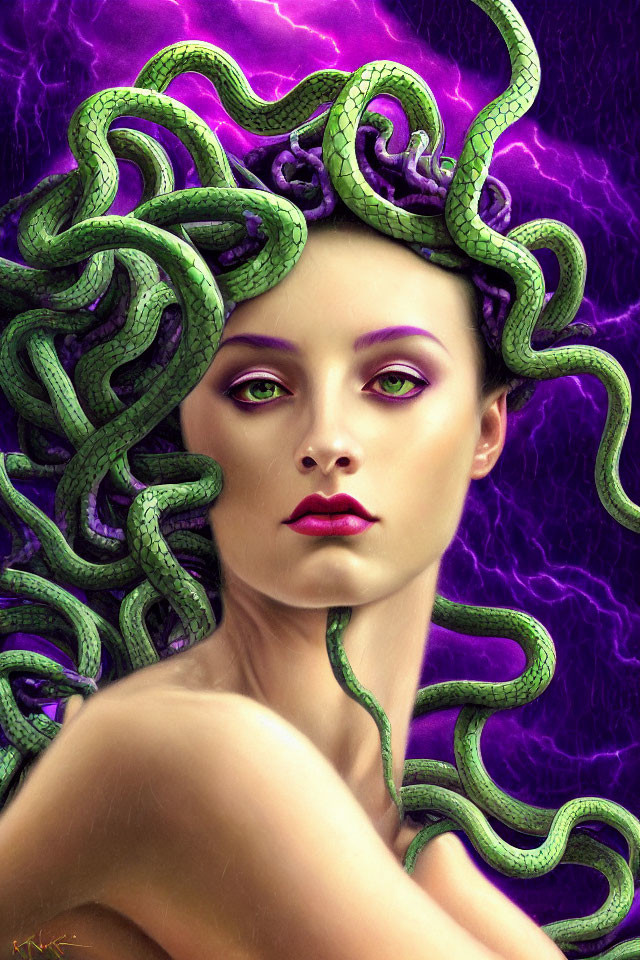 Vibrant purple makeup woman with green snake hair on swirling purple background