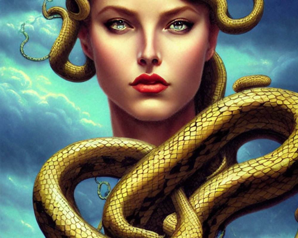 Digital Artwork: Woman with Snake-Like Hair and Features Against Clear Sky