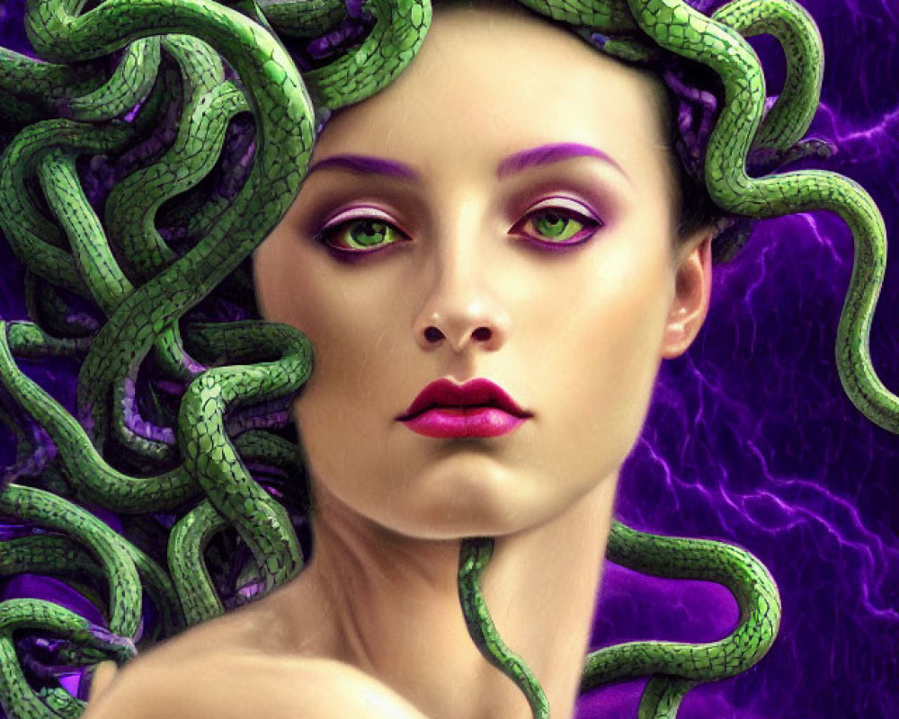 Vibrant purple makeup woman with green snake hair on swirling purple background