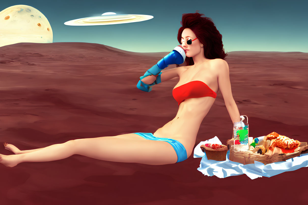 Illustration of woman in red bikini on Martian landscape with telescope viewing Saturn