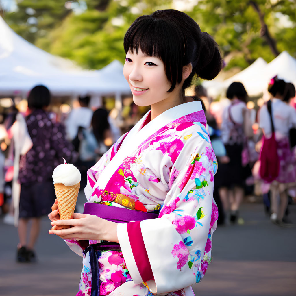 Colorful Kimono-Wearing Person Enjoying Ice Cream Outdoors