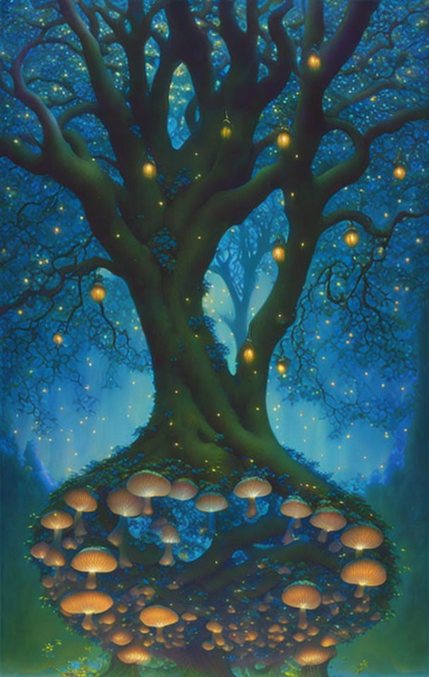 Illustration of luminous tree with glowing mushrooms on starry backdrop