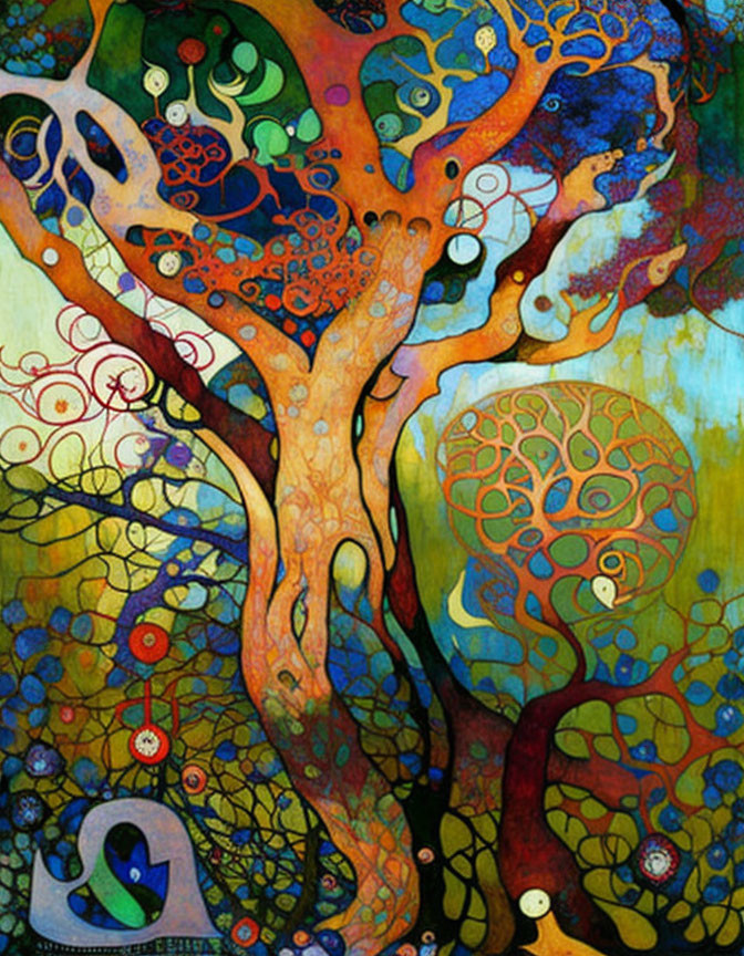 Colorful Abstract Painting of Whimsical Tree with Swirling Branches