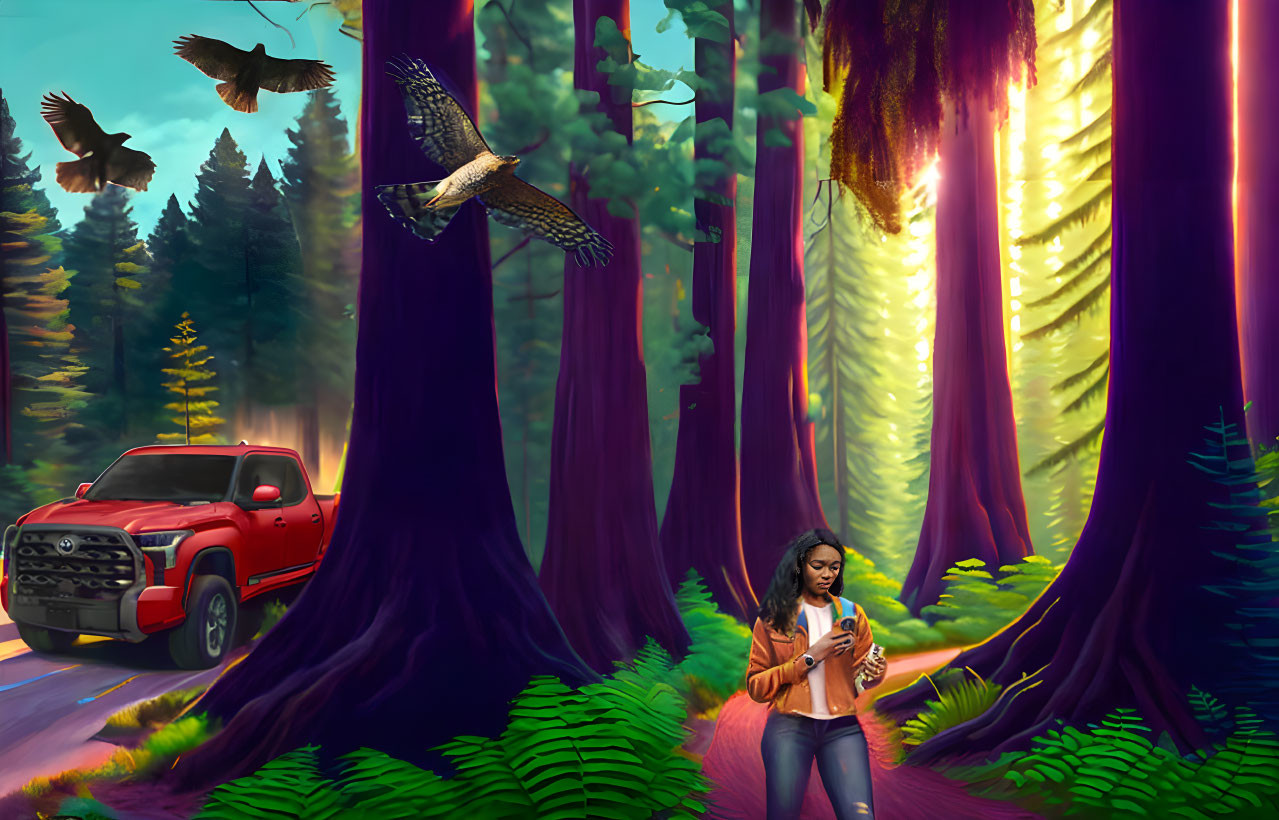 Woman in mystical forest with purple trees, birds, and red pickup truck