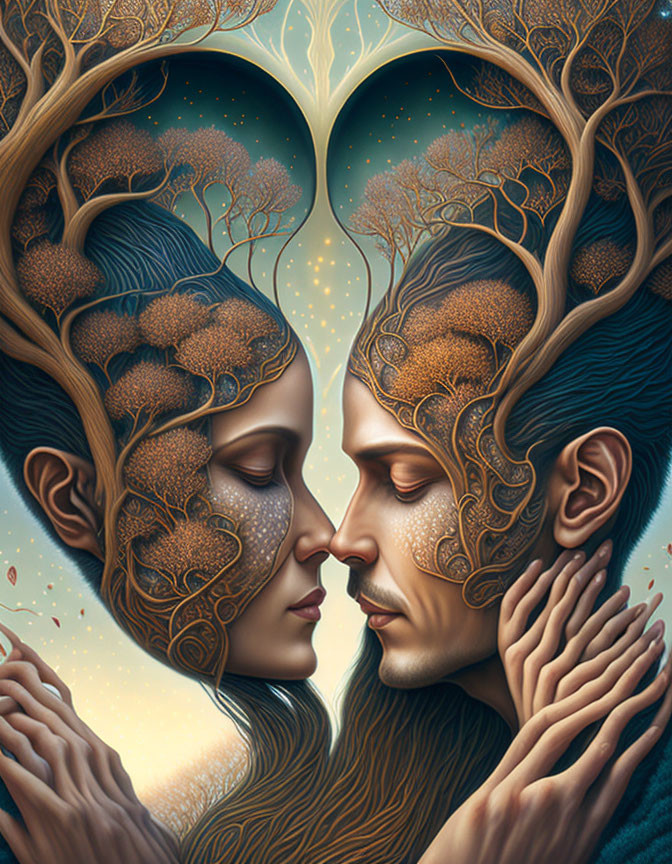 Man and woman profiles with tree-shaped hair forming heart with intricate patterns and warm tones