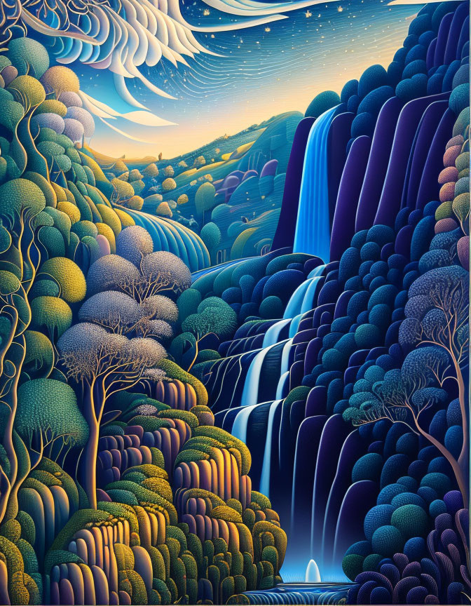 Stylized landscape with waterfalls, lush hills, and day-to-night sky