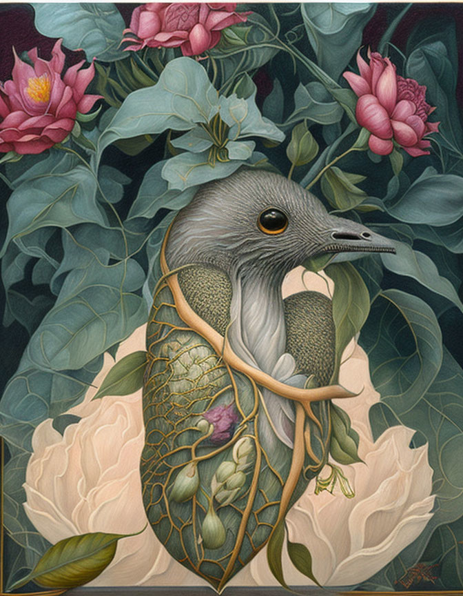 Surrealist painting featuring bird with flower head, emerging from seed pod surrounded by foliage.