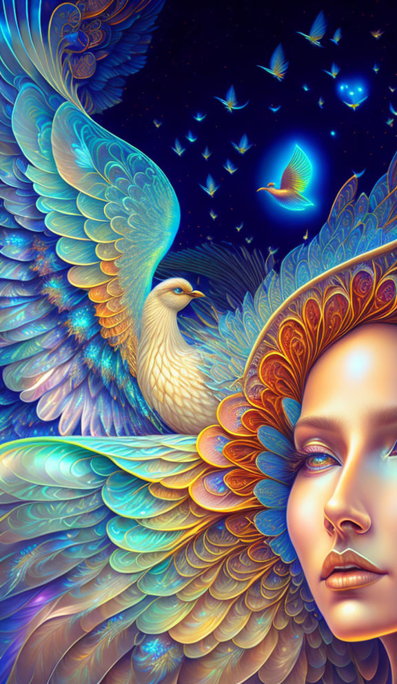 Colorful artwork: Woman with feathers merges with bird amidst illuminated butterflies