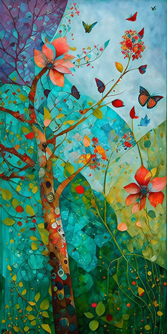 Colorful Tree Painting with Butterflies and Birds on Teal Background