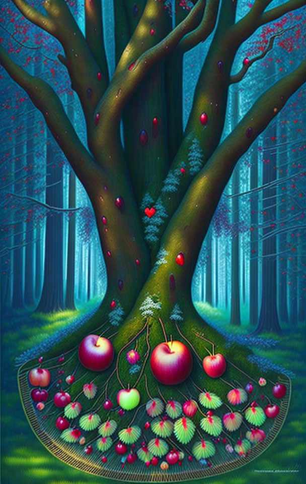 Surreal digital artwork: Vibrant blossoming tree with glowing roots and scattered apples