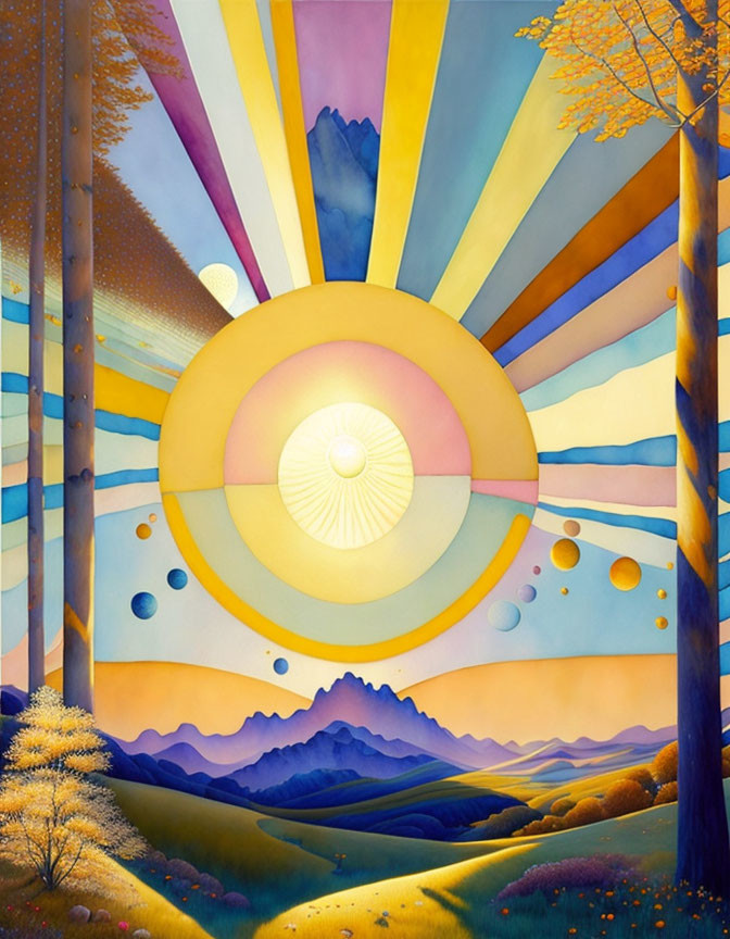 Colorful Stylized Painting: Sun, Trees, and Mountains