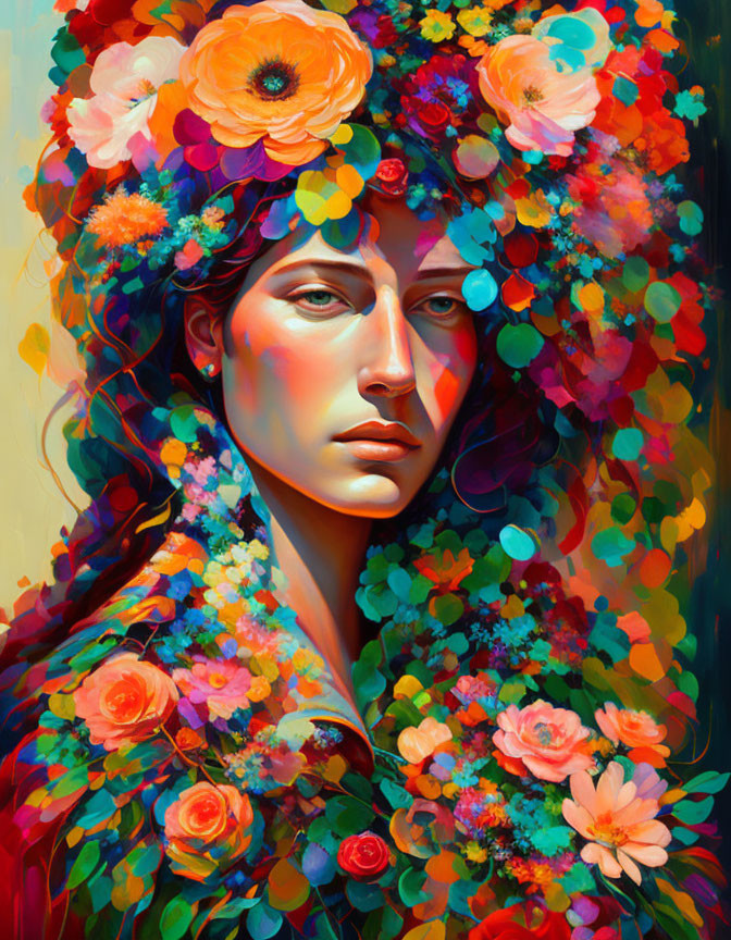 Vibrant portrait with flowers and leaves in hair and clothing