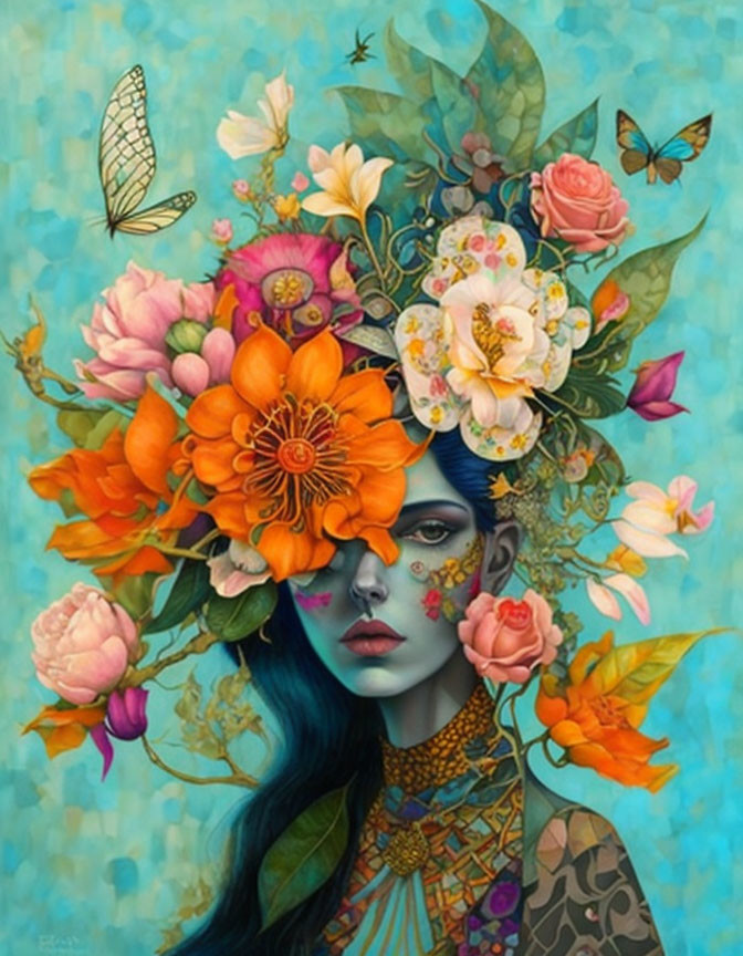 Vibrant orange and pink flowers in woman's surreal portrait