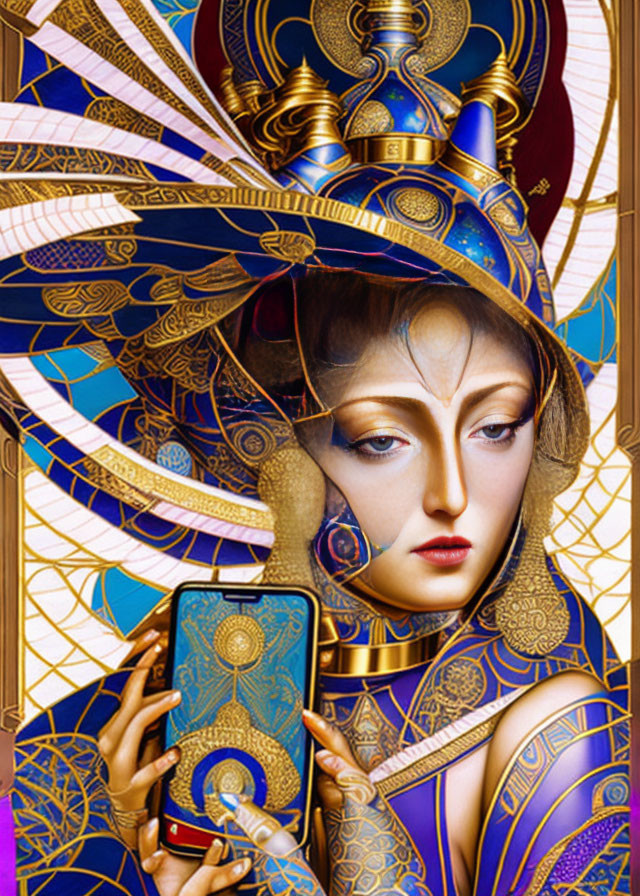 Stylized woman with ornate headdress holding tarot card in intricate art nouveau design