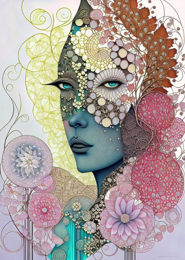 Intricate floral and geometric patterns create a woman's face artwork