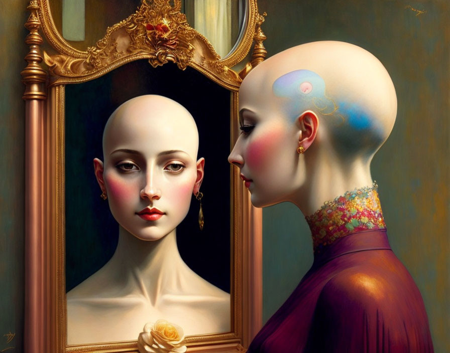 Surreal portrait of bald woman with delicate features and vibrant head tattoo