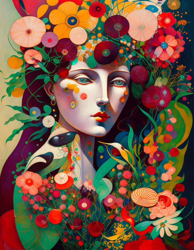 Colorful portrait of woman with headdress and floral elements