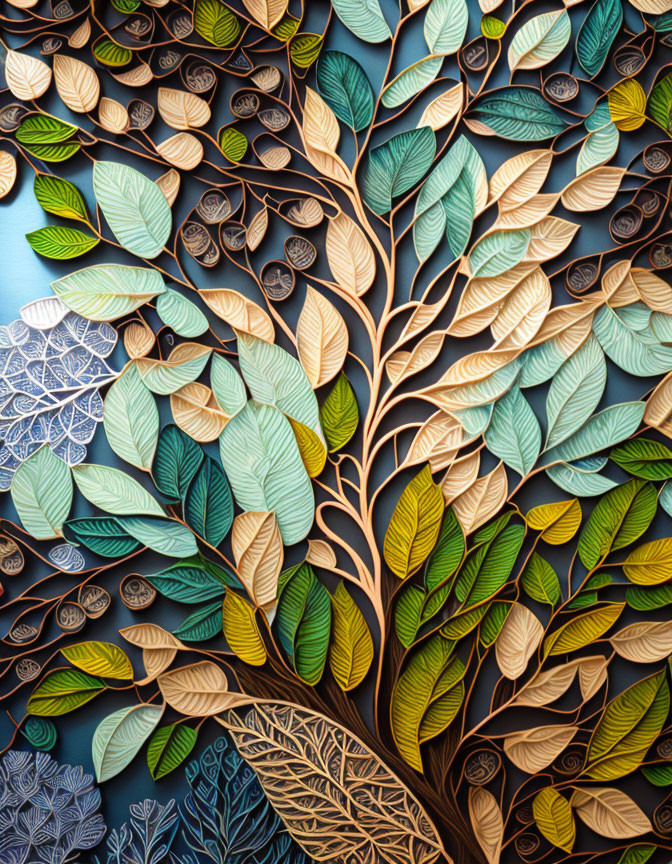 Layered quilled paper art of vibrant tree with green and brown leaves