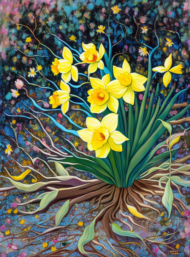 Colorful painting of yellow daffodils with roots on floral starry backdrop