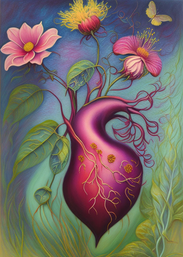 Purple plant heart with pink flowers and butterfly in symbolic illustration