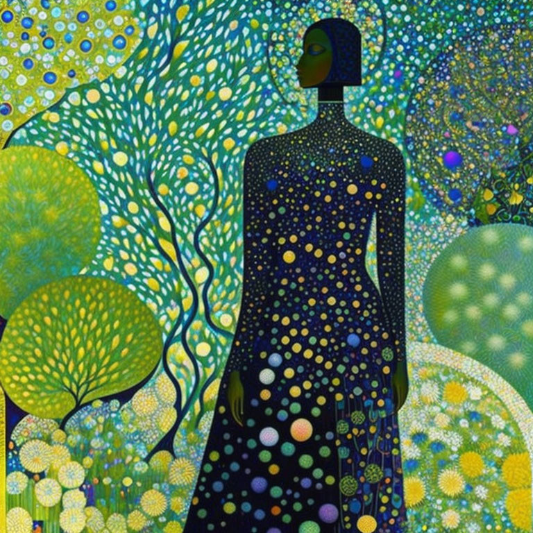 Vibrant Silhouette Painting with Dotted Tree Pattern