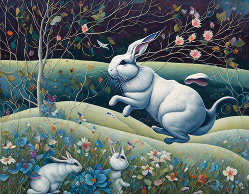 Whimsical white rabbit leaping over green hills with smaller rabbits