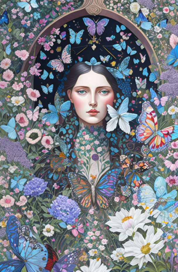 Portrait of Woman Among Flowers and Butterflies in Serene Setting