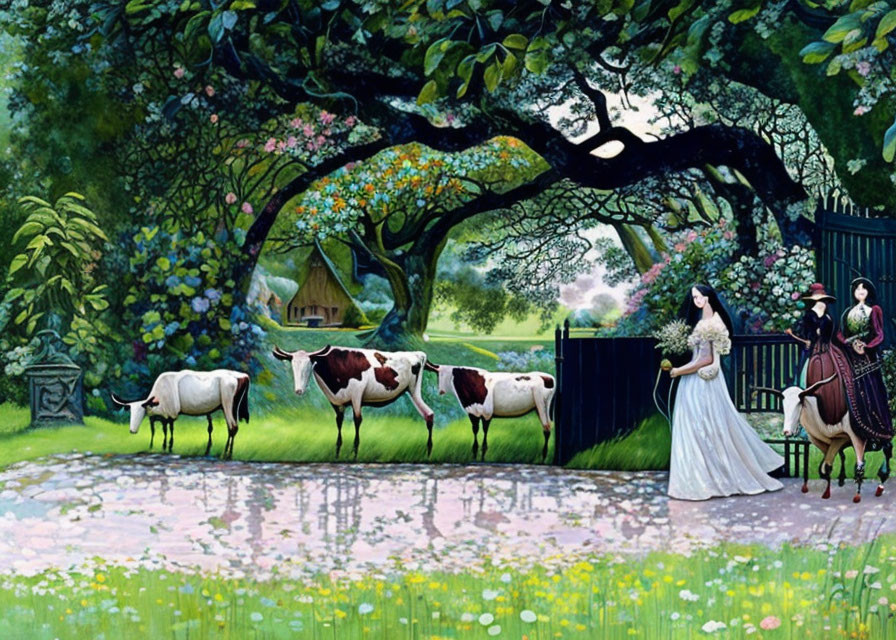 Victorian women by pond with cows in lush, pastoral scene