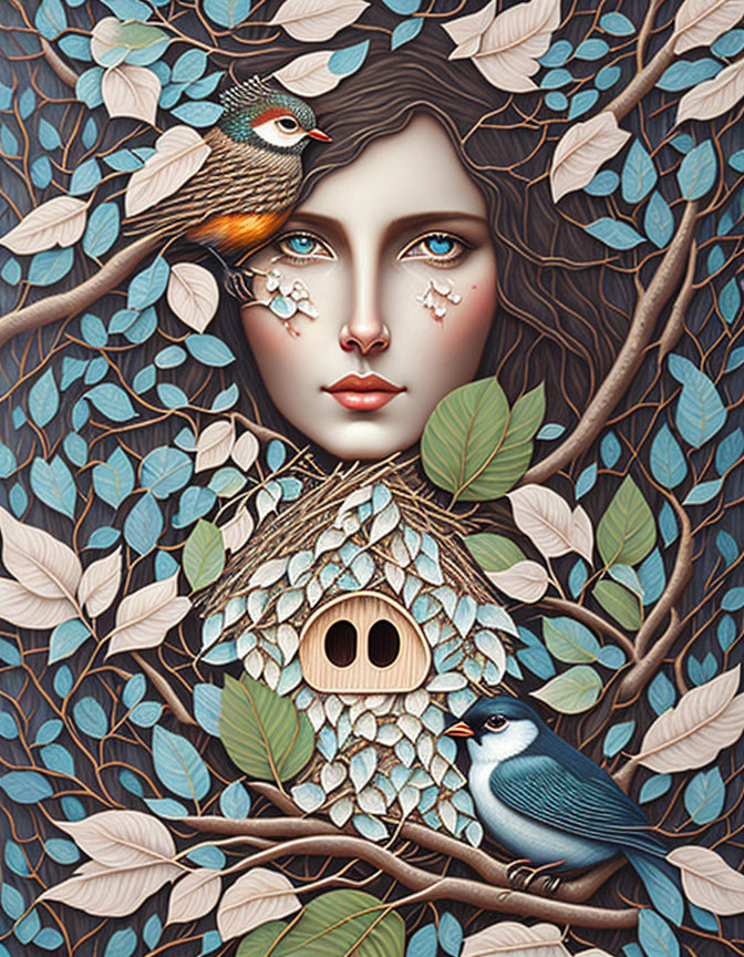 Illustration: Woman's face in tree with birdhouse, birds, and blue leaves