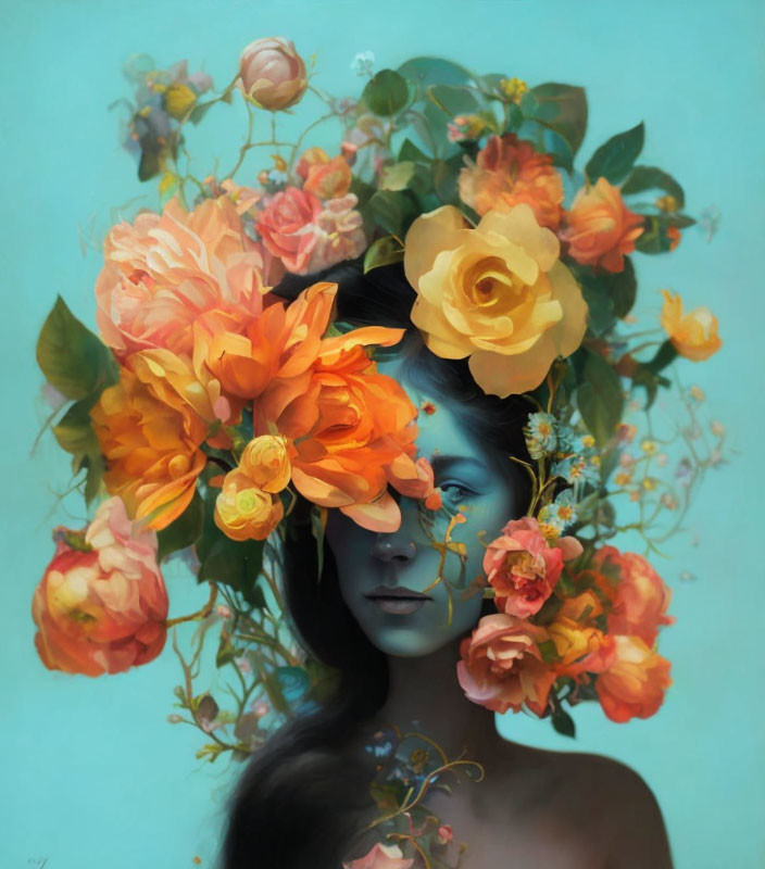 Portrait of Woman with Orange and Yellow Flowers on Teal Background