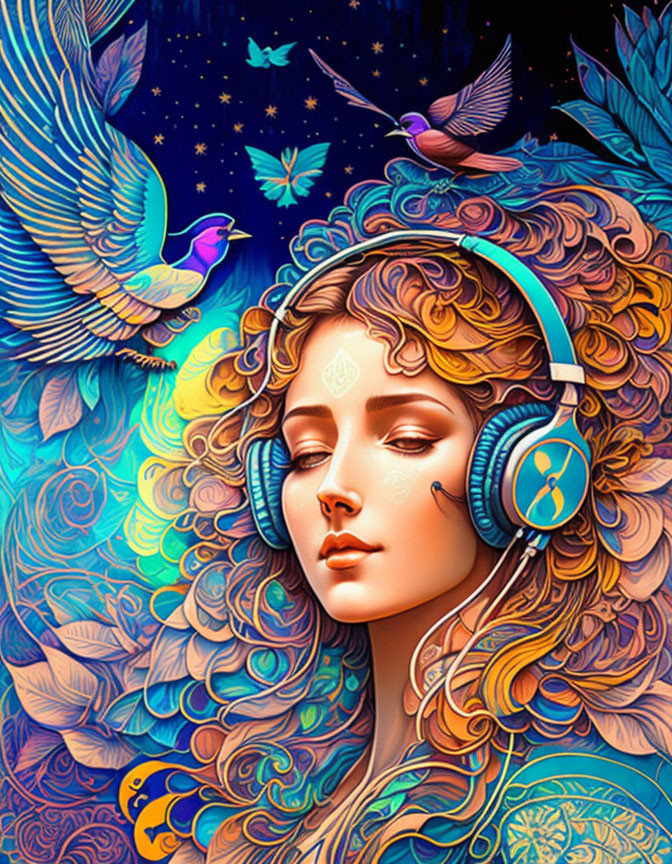 Colorful Woman with Headphones Surrounded by Birds and Stars