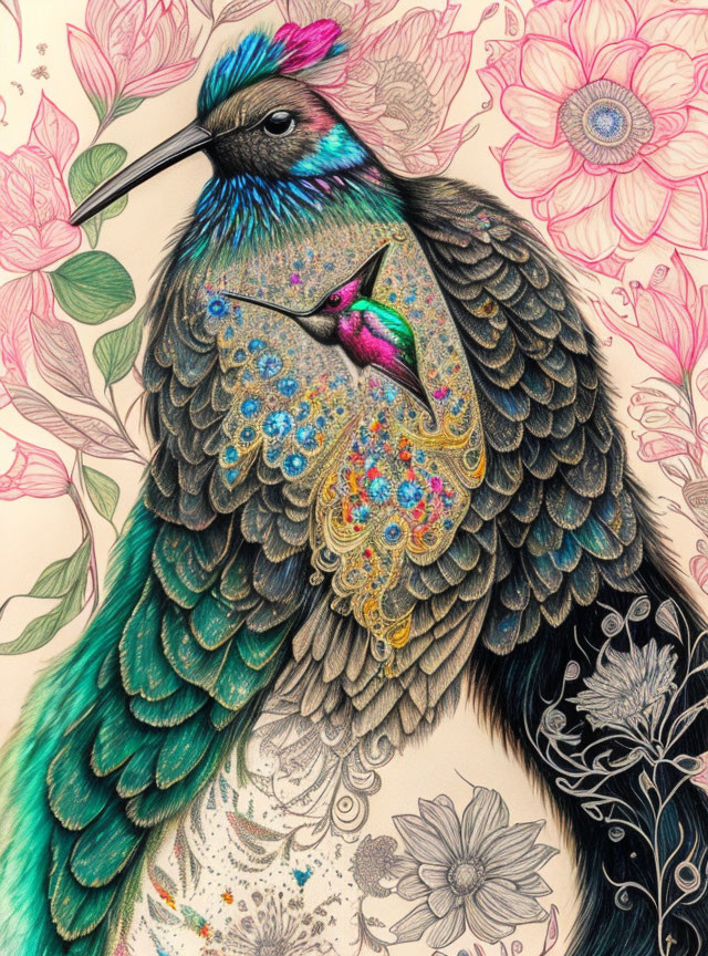 Colorful Bird Drawing with Iridescent Feathers and Floral Patterns