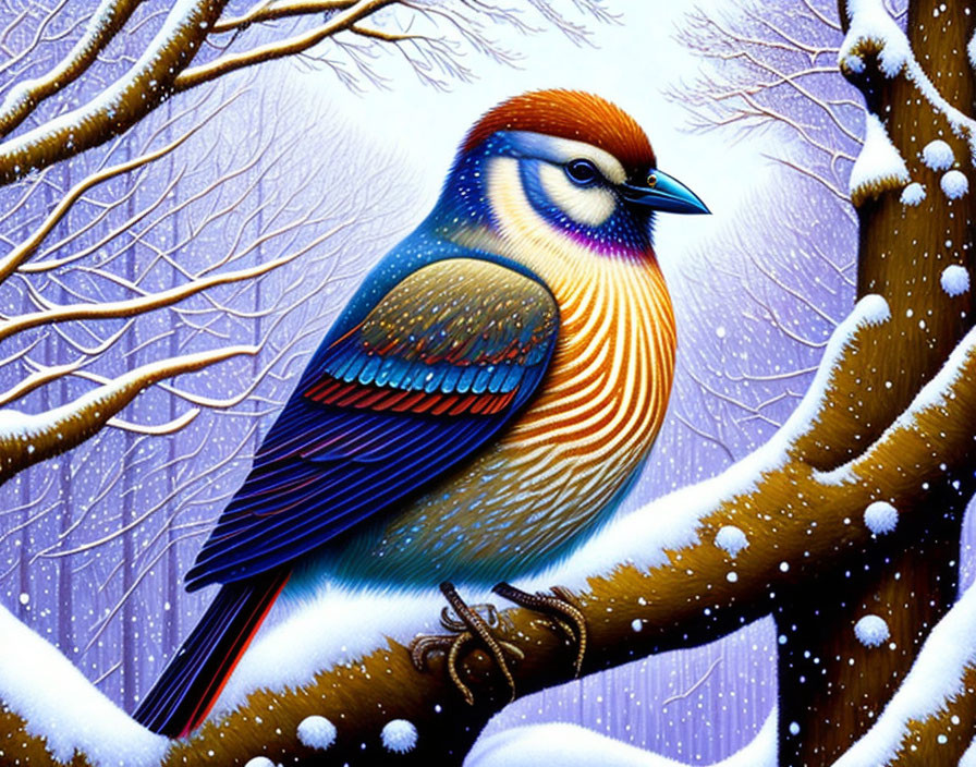 Vibrant bird on snowy branch with falling snowflakes