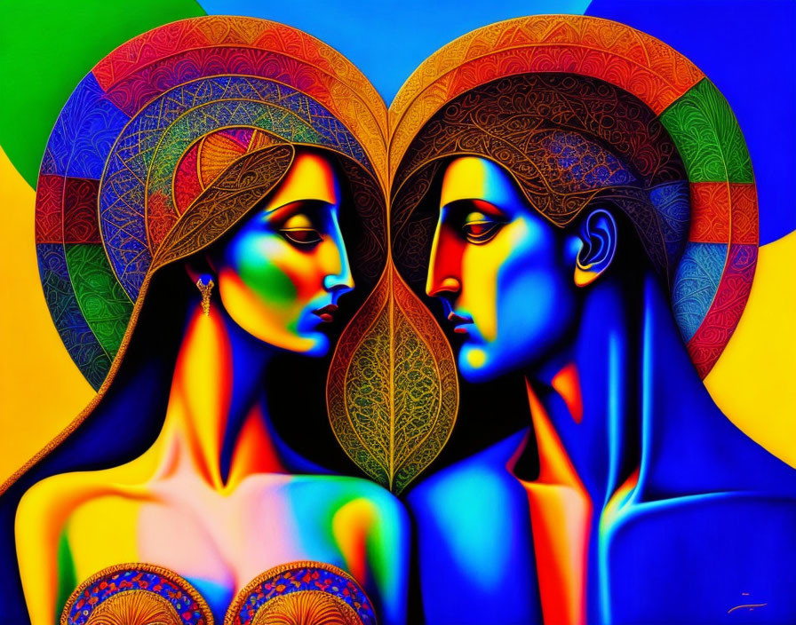 Colorful Digital Artwork of Stylized Man and Woman with Elaborate Patterns