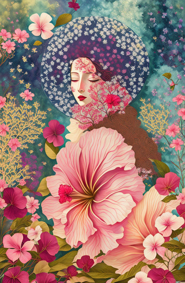 Illustration of woman with floral backdrop and pink hibiscus.